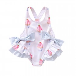 New cross-border Instagram summer children's clothing: a cake-print, double-bow cross-back swimsuit with a wide, open-back lace bodysuit.