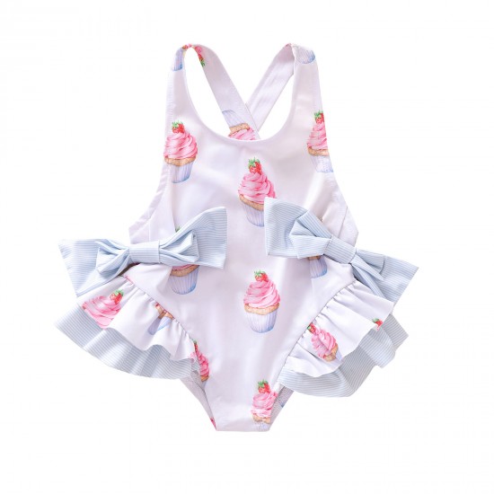 New cross-border Instagram summer children's clothing: a cake-print, double-bow cross-back swimsuit with a wide, open-back lace bodysuit.