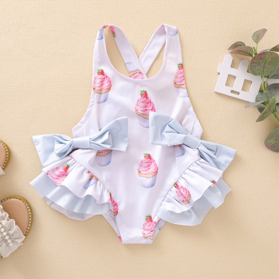 New cross-border Instagram summer children's clothing: a cake-print, double-bow cross-back swimsuit with a wide, open-back lace bodysuit.