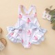New cross-border Instagram summer children's clothing: a cake-print, double-bow cross-back swimsuit with a wide, open-back lace bodysuit.
