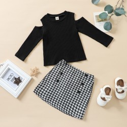 Children's Clothing: Holiday Fall/Winter New Halloween Letter Print Top and Black Multi-Layered Mesh Skirt Set