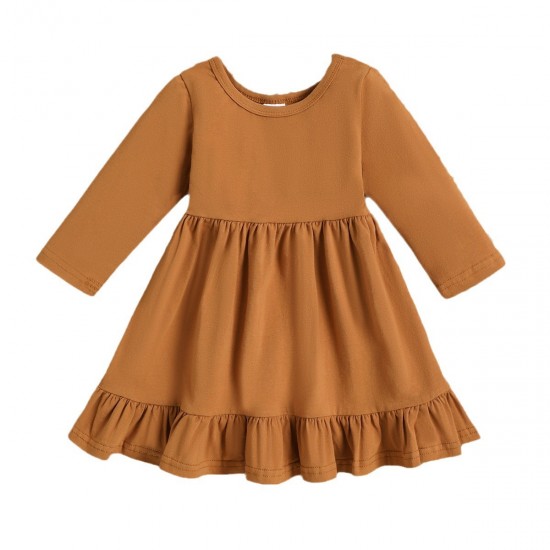 Children's Spring and Autumn New Three-Color Pure Cotton Simple Dress, Cross-Border Girls' Long-Sleeved Round Neck, Versatile A-Line Skirt
