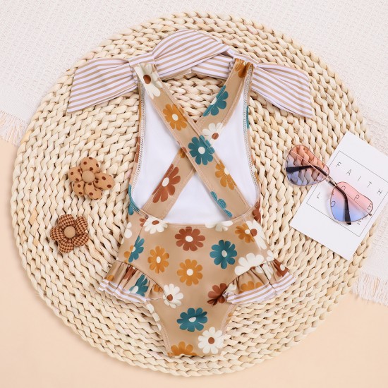 Girls' summer sweet solid color short-sleeved shorts set, daisy pattern, breathable and comfortable pullover sister pants set.