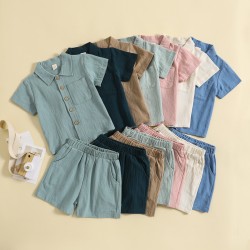 Amazon: Summer cotton and linen casual style, short-sleeved lapel polo shirt, solid color boys' summer two-piece set.