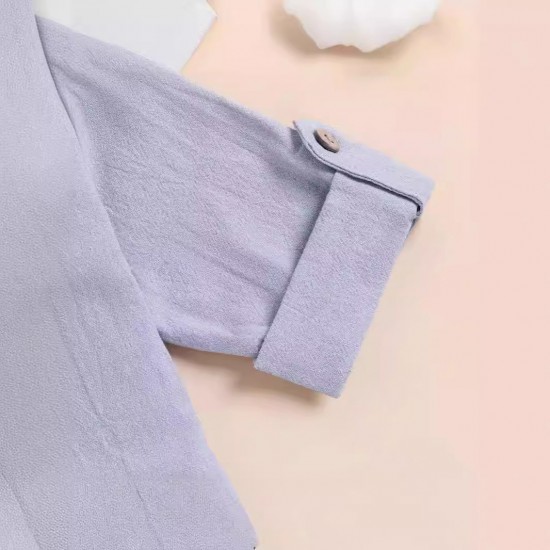 Foreign Trade Children's Set, Stand-Up Collar, Rolled-Up Sleeve, Three-Quarter Sleeve Trouser Set, Spring and Autumn Boys' Casual Solid Color Cotton and Linen Two-Piece Set