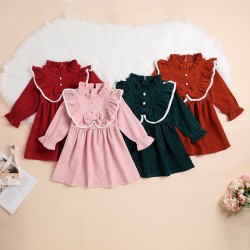 New cross-border girls' clothing: sweet pastoral style, long-sleeved dress with lace corduroy, solid color, two-piece set.