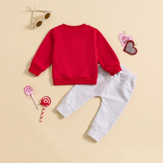 Cross-border children's clothing: Sweet heart-shaped letter-print pullover sweatshirt for baby girls aged 0-2 years, with front tie decorative cord sweatpants.