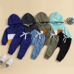 New cross-border children's clothing: a new color-blocked, autumn/winter hooded casual sweatshirt set for boys and girls, long-sleeved and long-sleeved pants for boys.