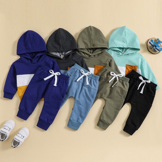 New cross-border children's clothing: a new color-blocked, autumn/winter hooded casual sweatshirt set for boys and girls, long-sleeved and long-sleeved pants for boys.