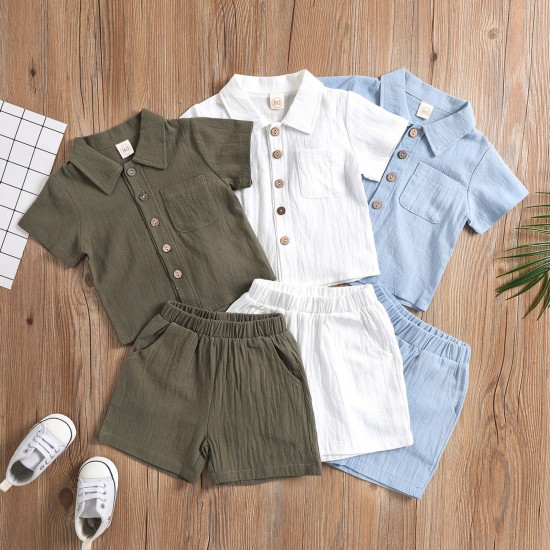 Foreign trade-exclusive summer cotton and linen casual style, short-sleeved lapel polo shirt, solid color boys' summer two-piece set.
