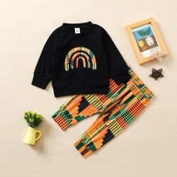Foreign Trade Children's Clothing: New Fall/Winter Black Turtleneck Off-The-Shoulder Long-Sleeved Top and Printed A-Line Skirt Two-Piece Set
