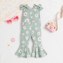 Cross-border children's clothing: Spring and autumn three-color rompers with flying sleeves and daisy print, soft cotton long-sleeved triangle rompers.