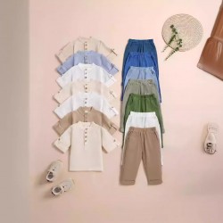 Foreign Trade Children's Set, Stand-Up Collar, Rolled-Up Sleeve, Three-Quarter Sleeve Trouser Set, Spring and Autumn Boys' Casual Solid Color Cotton and Linen Two-Piece Set