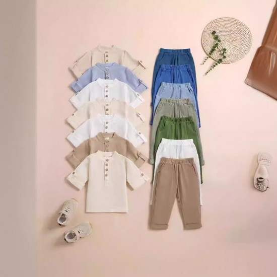 Foreign Trade Children's Set, Stand-Up Collar, Rolled-Up Sleeve, Three-Quarter Sleeve Trouser Set, Spring and Autumn Boys' Casual Solid Color Cotton and Linen Two-Piece Set