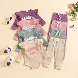 Cross-border children's clothing Girls' clothing: a stylish long-sleeved, candy-colored, striped, and letter-embroidered bodysuit for girls.
