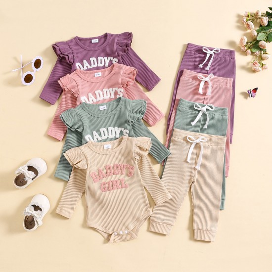 Cross-border children's clothing Girls' clothing: a stylish long-sleeved, candy-colored, striped, and letter-embroidered bodysuit for girls.