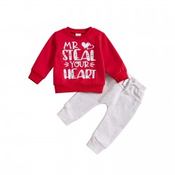 Cross-border children's clothing: Sweet heart-shaped letter-print pullover sweatshirt for baby girls aged 0-2 years, with front tie decorative cord sweatpants.