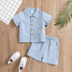 Foreign trade-exclusive summer cotton and linen casual style, short-sleeved lapel polo shirt, solid color boys' summer two-piece set.