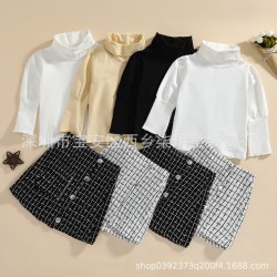 Cross-border Foreign Trade Exclusive: Girls' Clothing Round-neck, buttoned, solid, comfortable, long-sleeved, ribbed dress.