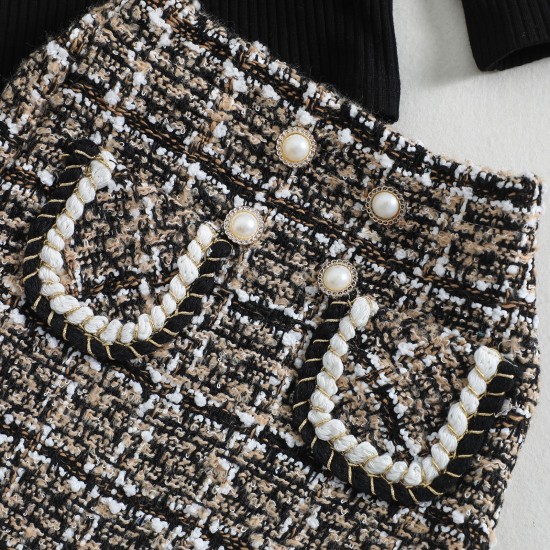 New cross-border girls' clothing: a European and American, Chanel-style skirt set with a round neck, long sleeves, and puff sleeves.