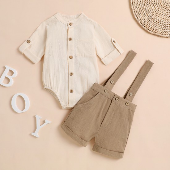 Foreign Trade New Summer Short-Sleeved Rolled-Up Shirt Set, Pure Cotton Khaki Overalls, Two-Piece Set