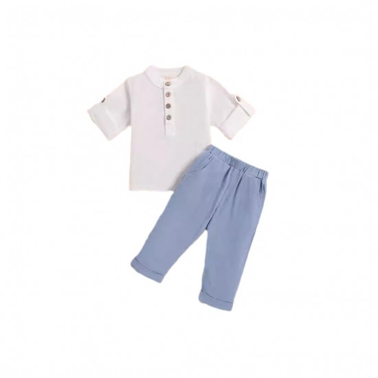 Foreign Trade Children's Set, Stand-Up Collar, Rolled-Up Sleeve, Three-Quarter Sleeve Trouser Set, Spring and Autumn Boys' Casual Solid Color Cotton and Linen Two-Piece Set