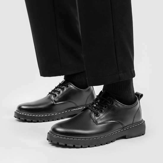 Men's summer black casual leather shoes, British business formal thick-soled, height-enhancing, round-toed, large-toed martin work shoes.