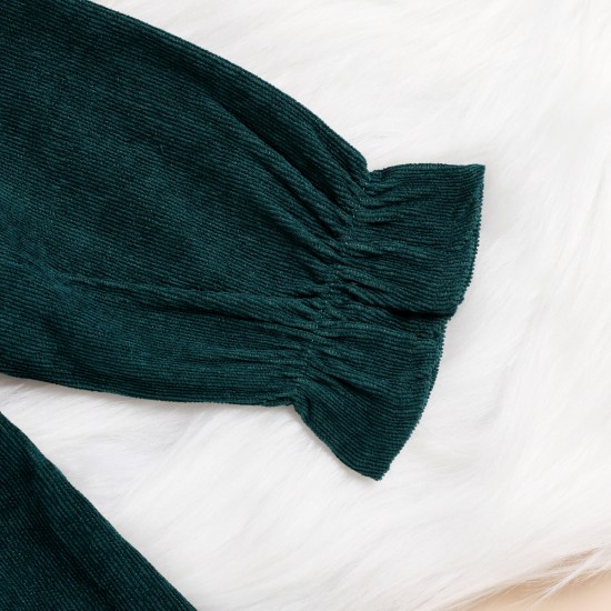 New cross-border girls' clothing: sweet pastoral style, long-sleeved dress with lace corduroy, solid color, two-piece set.