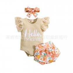 Cross-border children's clothing, new summer unisex cotton and linen solid color simple short-sleeved roll-up sleeve sets for boys and girls.