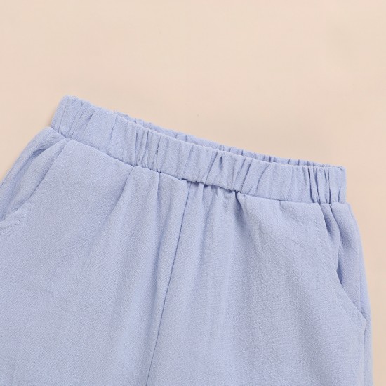 Foreign Trade Solid Color Boys' Short-Sleeved Stand-Up Collar Set, Summer Children's Short-Piece Trouser Set with Rolled-Up Hems