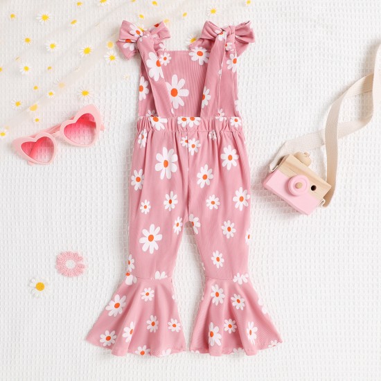Cross-border children's clothing: Spring and autumn three-color rompers with flying sleeves and daisy print, soft cotton long-sleeved triangle rompers.