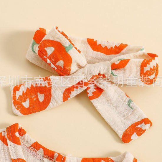 Foreign trade children's clothing: Infant and toddler butterfly sweet knot bodysuit set in six colors, fashionable printed ribbed striped sister suits, now in stock.
