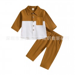 Cross-border children's suits: summer casual beach leaf and flower print short-sleeved lapel polo shirt.