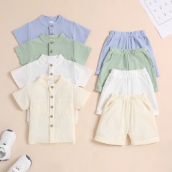 Foreign Trade Solid Color Boys' Short-Sleeved Stand-Up Collar Set, Summer Children's Short-Piece Trouser Set with Rolled-Up Hems