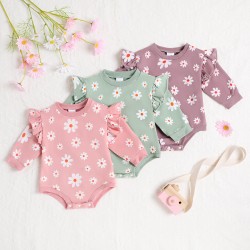 Cross-border autumn and winter new styles: baby girl's 1-6 month old romper, zippered romper with covered arms and legs, small floral print and headscarf.