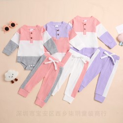 Amazon cross-border hot-selling: Morandi-colored, front-strap two-piece suits for boys and girls, pure cotton shirts and long-sleeved pants.