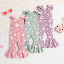 Cross-border children's clothing: Spring and autumn three-color rompers with flying sleeves and daisy print, soft cotton long-sleeved triangle rompers.