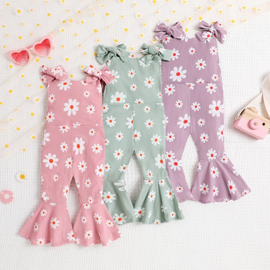 Cross-border children's clothing: Spring and autumn three-color rompers with flying sleeves and daisy print, soft cotton long-sleeved triangle rompers.