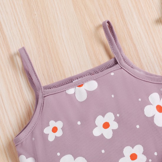 Summer foreign trade girls' floral suspender jumpsuit with casual backless bow-tie flared pants