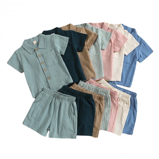 Amazon: Summer cotton and linen casual style, short-sleeved lapel polo shirt, solid color boys' summer two-piece set.