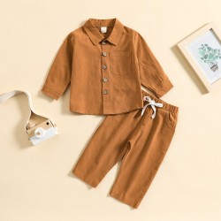 Children's suits: Spring and autumn boys' solid color cotton and linen stand-up collar shirt, comfortable long-sleeved trousers, two-piece set.