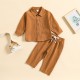 Cross-border children's suits: Spring and autumn boys' solid color cotton and linen stand-up collar shirt, comfortable long-sleeved trousers, two-piece set.
