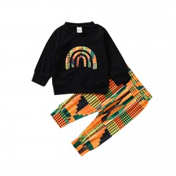 Children's Clothing: New Fall/Winter Black Turtleneck Off-The-Shoulder Long-Sleeved Top and Printed A-Line Skirt Two-Piece Set