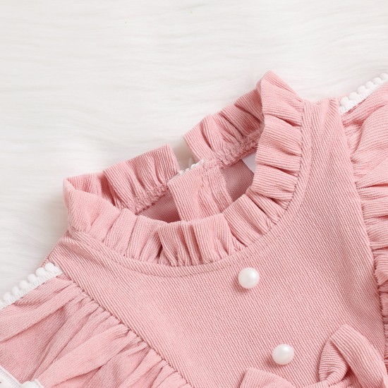 New cross-border girls' clothing: sweet pastoral style, long-sleeved dress with lace corduroy, solid color, two-piece set.