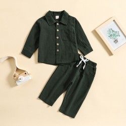 Cross-border children's suits: Spring and autumn boys' solid color cotton and linen stand-up collar shirt, comfortable long-sleeved trousers, two-piece set.