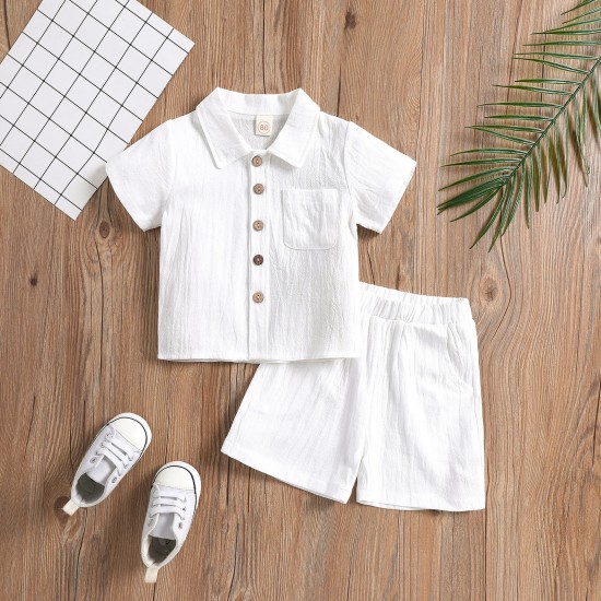 Foreign trade-exclusive summer cotton and linen casual style, short-sleeved lapel polo shirt, solid color boys' summer two-piece set.