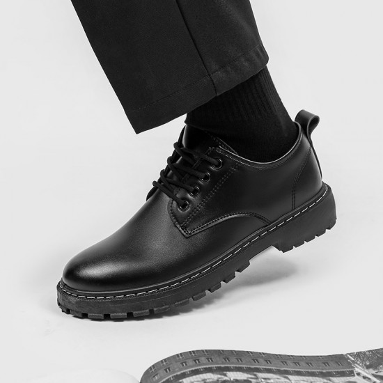 Men's summer black casual leather shoes, British business formal thick-soled, height-enhancing, round-toed, large-toed martin work shoes.