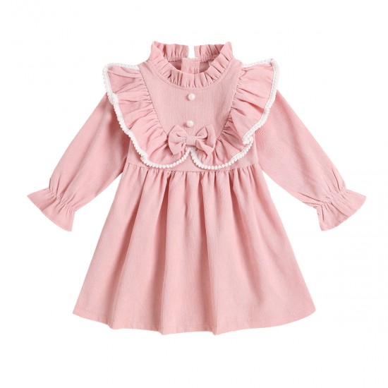 New cross-border girls' clothing: sweet pastoral style, long-sleeved dress with lace corduroy, solid color, two-piece set.