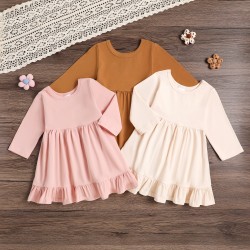 Children's Spring and Autumn New Three-Color Pure Cotton Simple Dress, Cross-Border Girls' Long-Sleeved Round Neck, Versatile A-Line Skirt