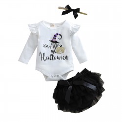 Foreign Trade Children's Clothing: New Fall White Ribbed Top, Puff Sleeve A-Line Miniskirt for Baby Girls